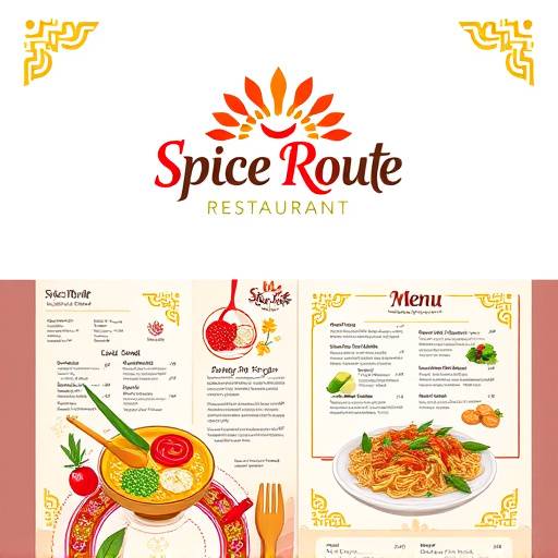 Logo and menu design for 'Spice Route Restaurant', featuring vibrant colors, cultural patterns, and mouth-watering food illustrations.