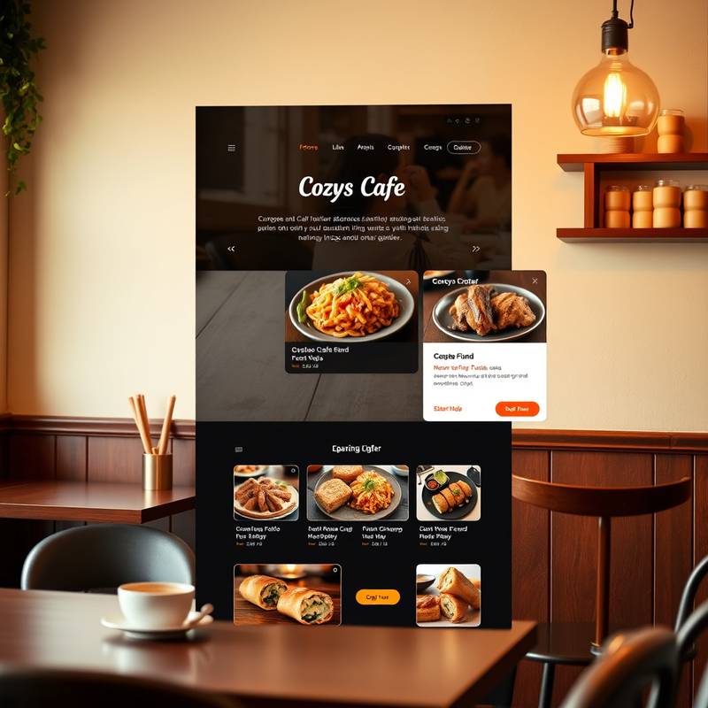 Website design for 'The Cozy Bean Cafe', featuring warm colors, inviting food photography, and easy online ordering.